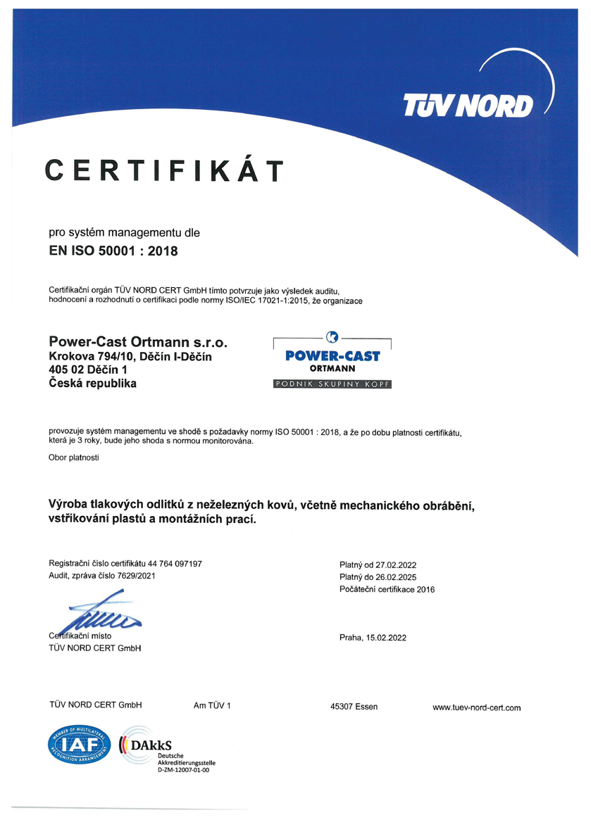 Certifikát pro systém energetického managementu dle EN ISO 50001 : 2018